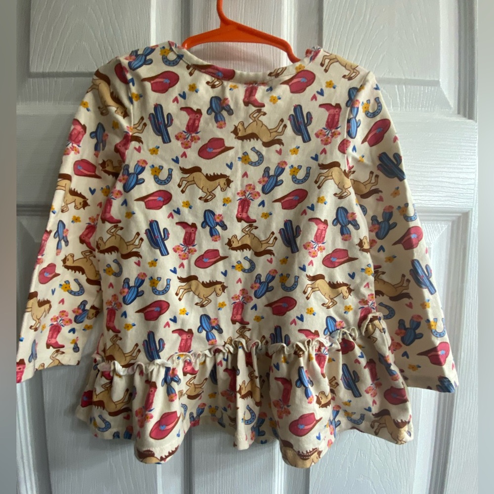 Counting Daisies Western themed ruffled shirt 4T beige w/ pinks, blues etc.